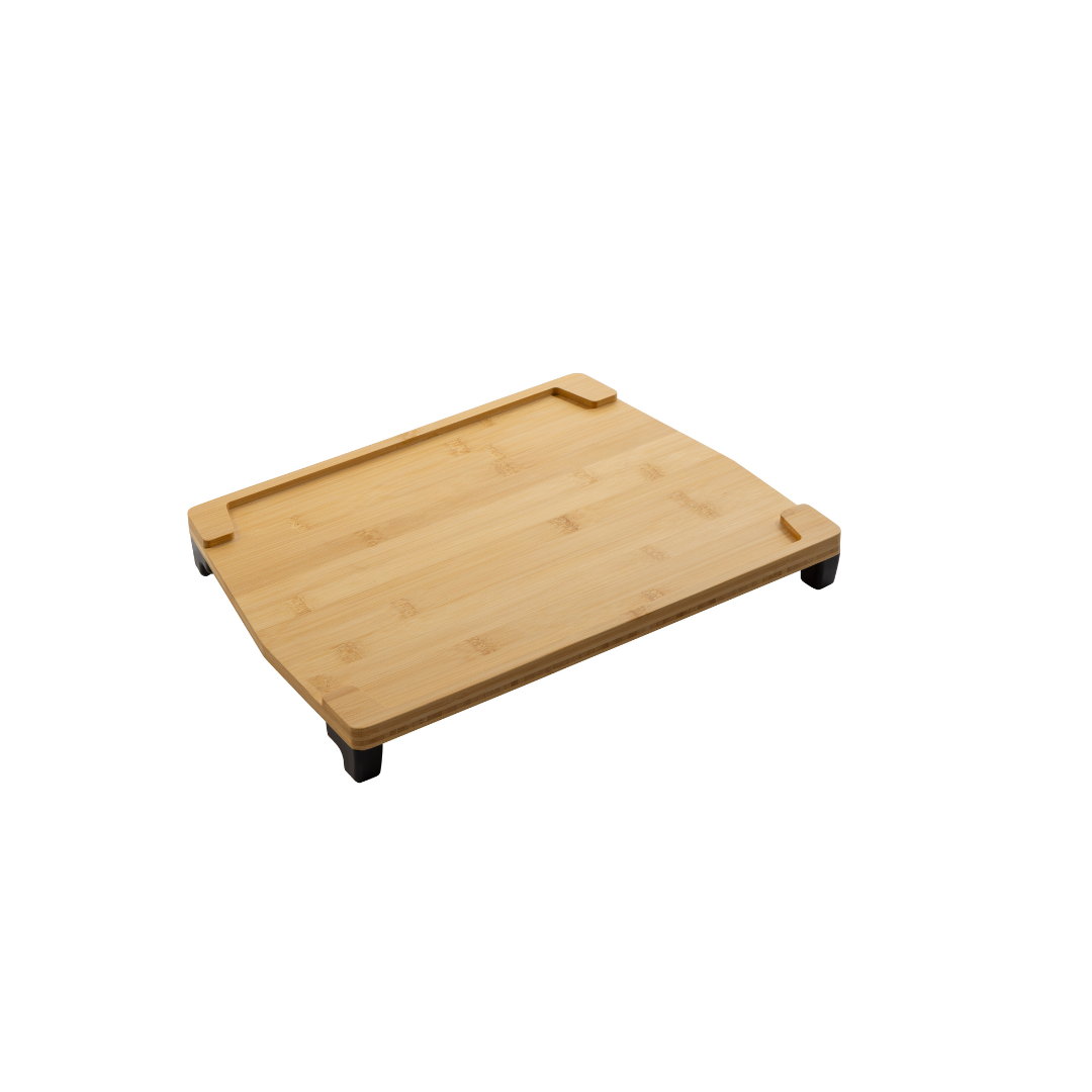 The Bamboo Tray for the Rollz Air Rollator is a rectangular bamboo cutting board with raised edges on two sides and four black non-slip feet, ideal as a rollator tray or accessory, shown on a white background.